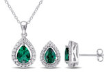 3.20 Carat (ctw) Lab-Created Emerald and Created White Sapphire Earrings and Pendant Set in Sterling Silver